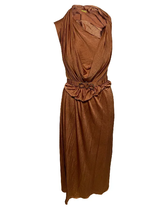 Dodo Bar Or Ora Belted Midi Dress in Brown Satin