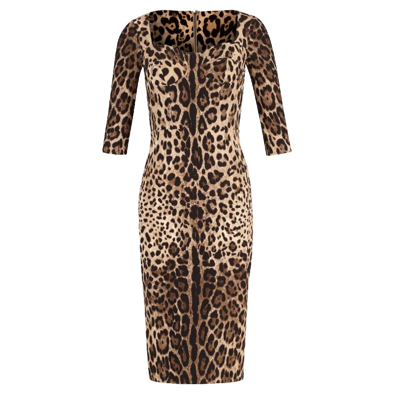 Dolce & Gabbana Leopard-Print Bustier Midi Dress in Brown Viscose