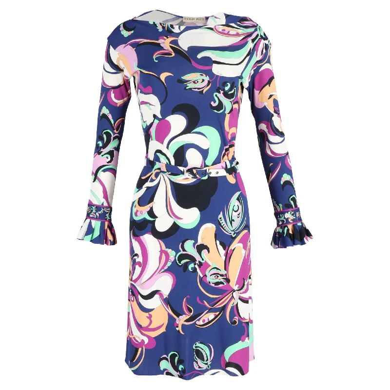 Emilio Pucci Aruba Long-sleeved Belted Midi Dress in Blue and Purple Floral Print Viscose