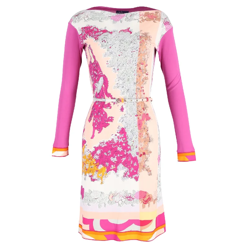 Emilio Pucci Printed Long-sleeved Belted Midi Dress in Pink Viscose