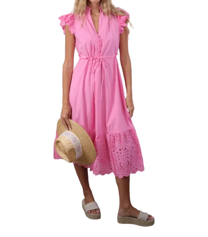 Eyelet Ruffle Midi Dress In Palm Pink