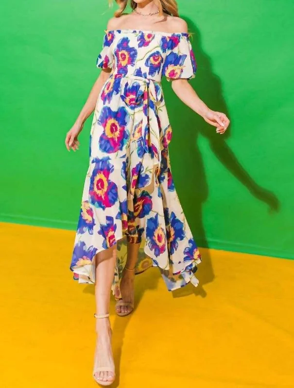 Floral Midi Printed Dress In Blue