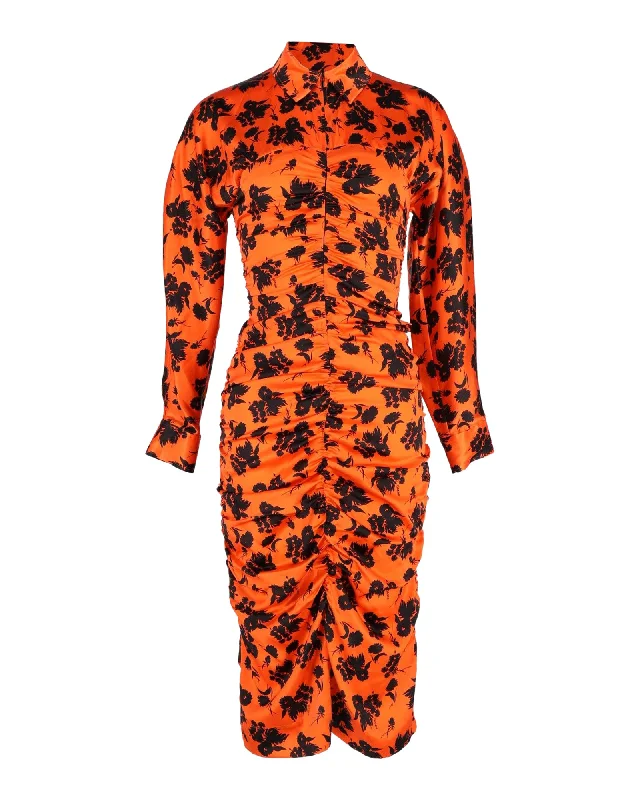 Ganni Ruched Floral-Print Midi Dress in Orange Silk