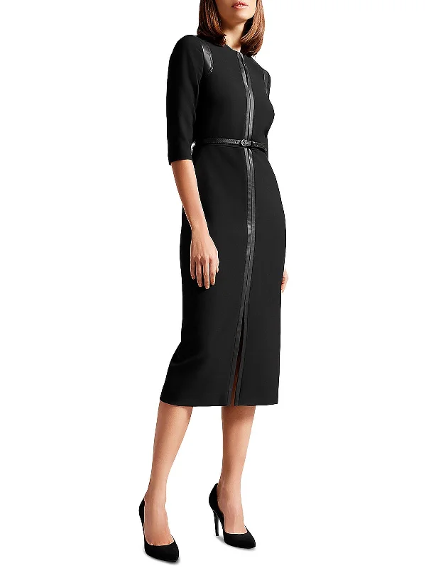 Halleid Womens Faux Leather Trim Belted Midi Dress