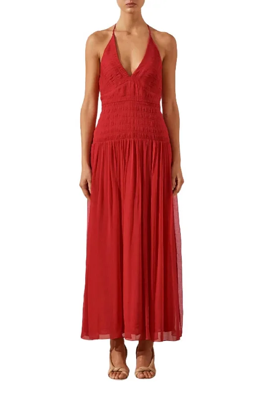 Halter Tie Midi Dress In Roma Red