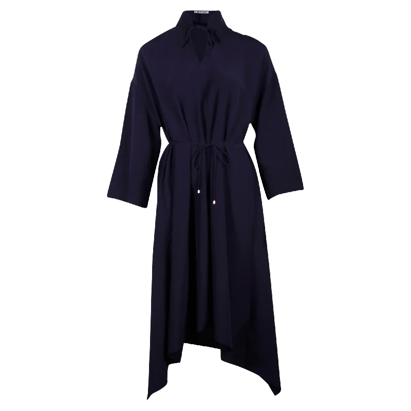 Hermes Belted Asymmetric Midi Dress in Navy Blue Polyester