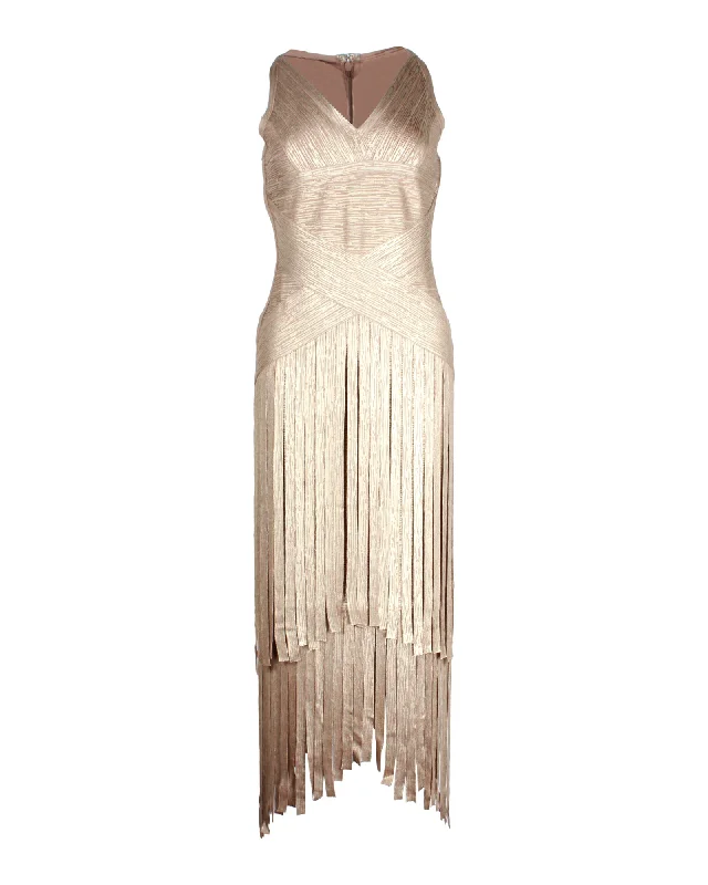 Herve Leger Tiered Fringed Metallic Midi Dress in Gold Rayon