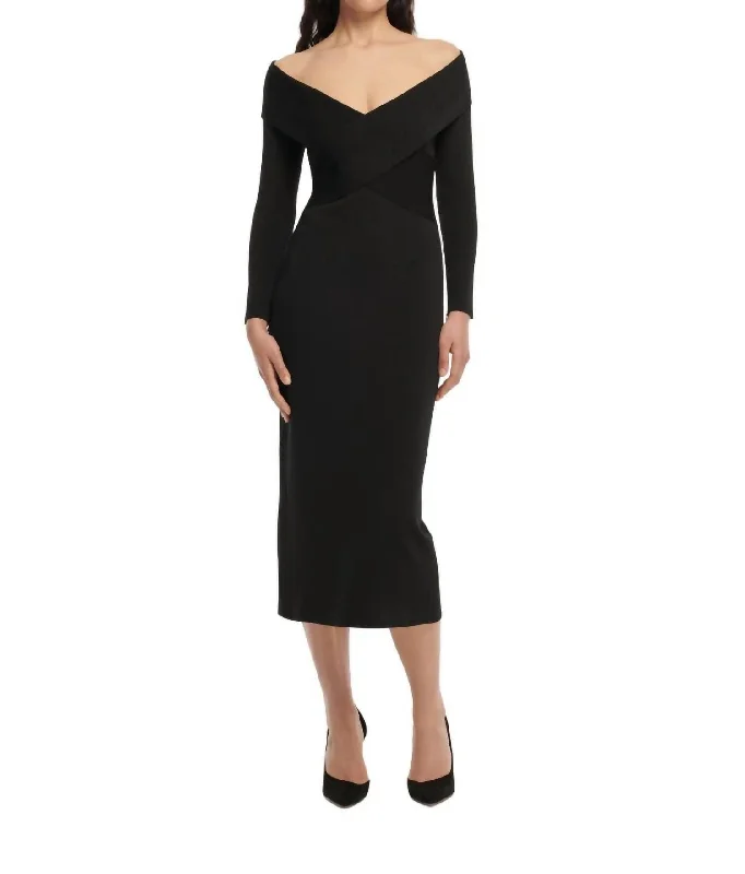 Long Sleeve Flat Knit Midi Dress In Black