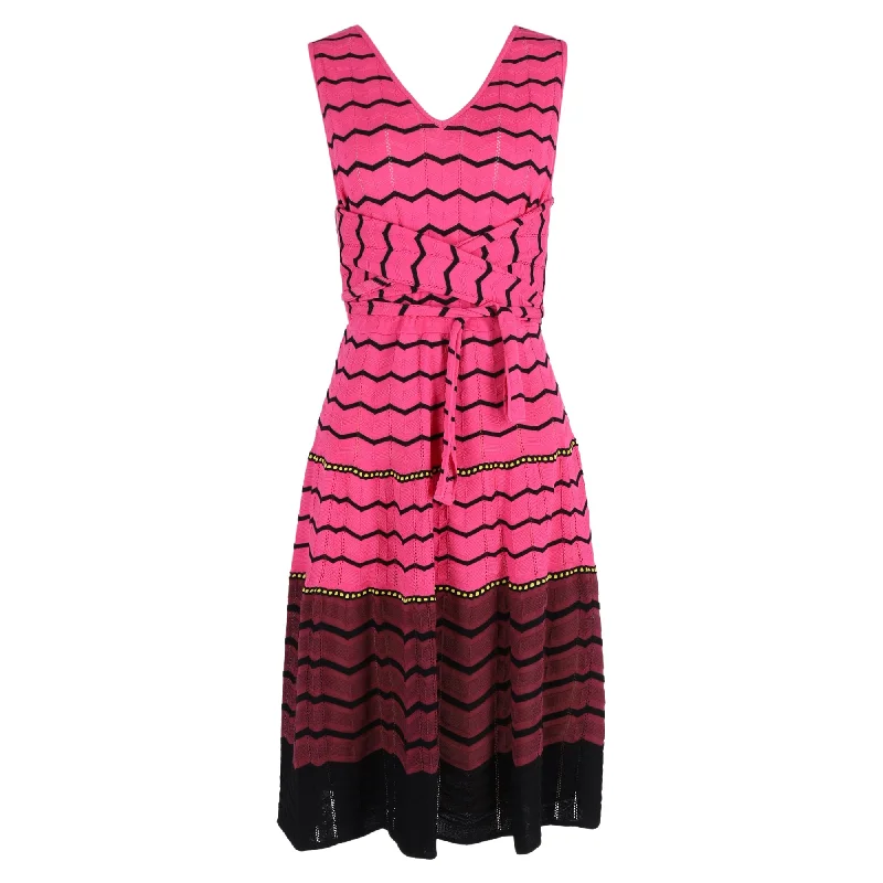 M Missoni Knit Tie Front Detail Sleeveless Midi Dress in Pink Zigzag Cotton