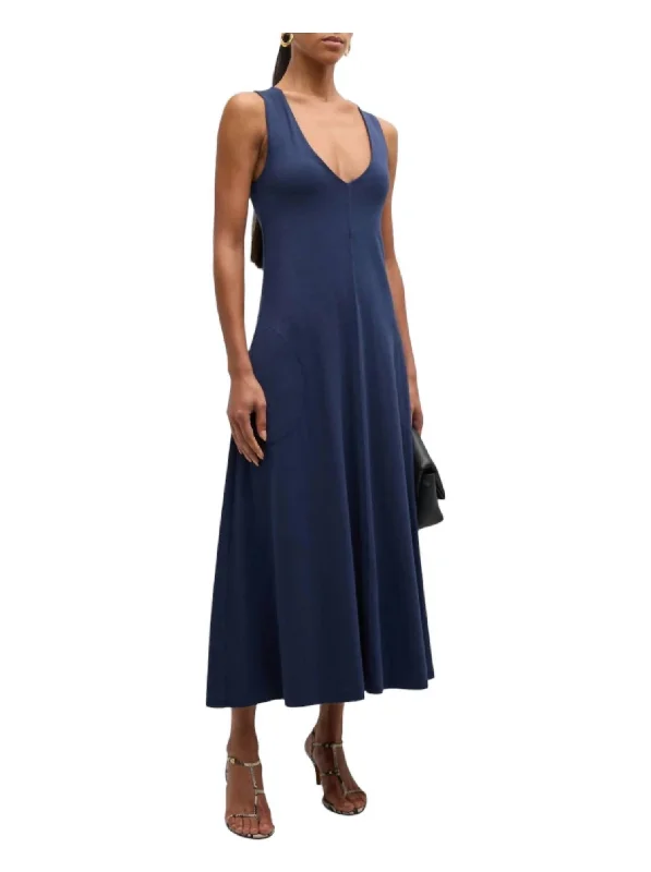 Matte V-Neck Midi Dress In Midnight