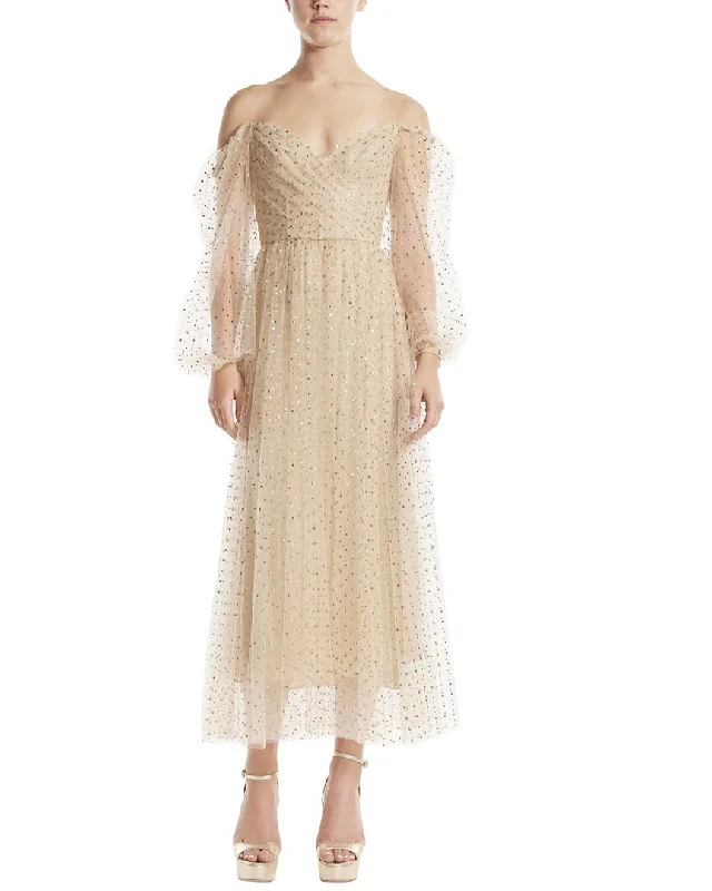 Monique Lhuillier Dotted Tulle Off-the-Shoulder Midi Dress