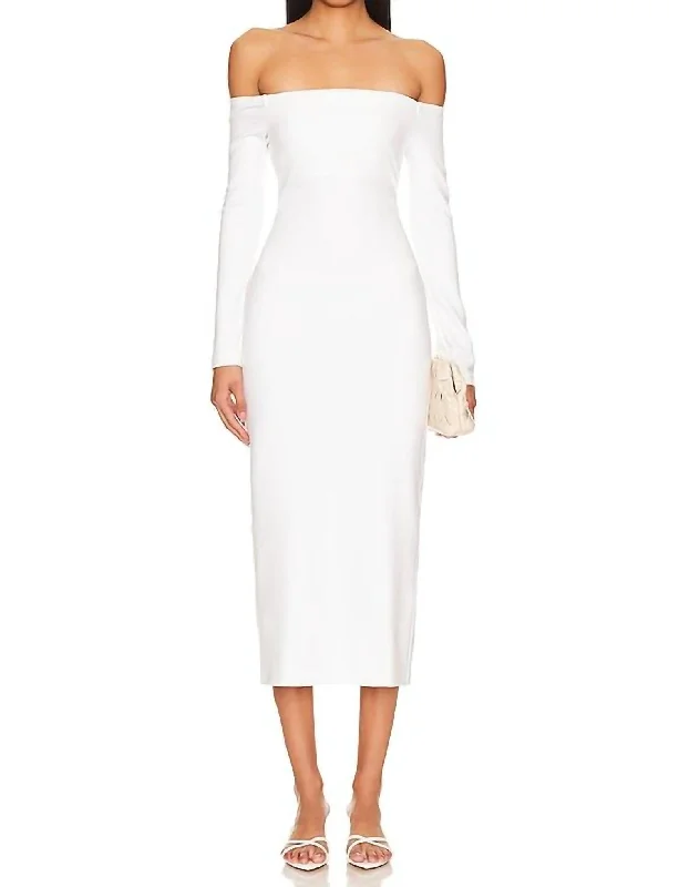 Off-Shoulder Midi Dress In Off White