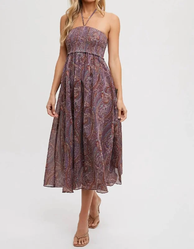 Paisley Halter Midi Dress In Lavender