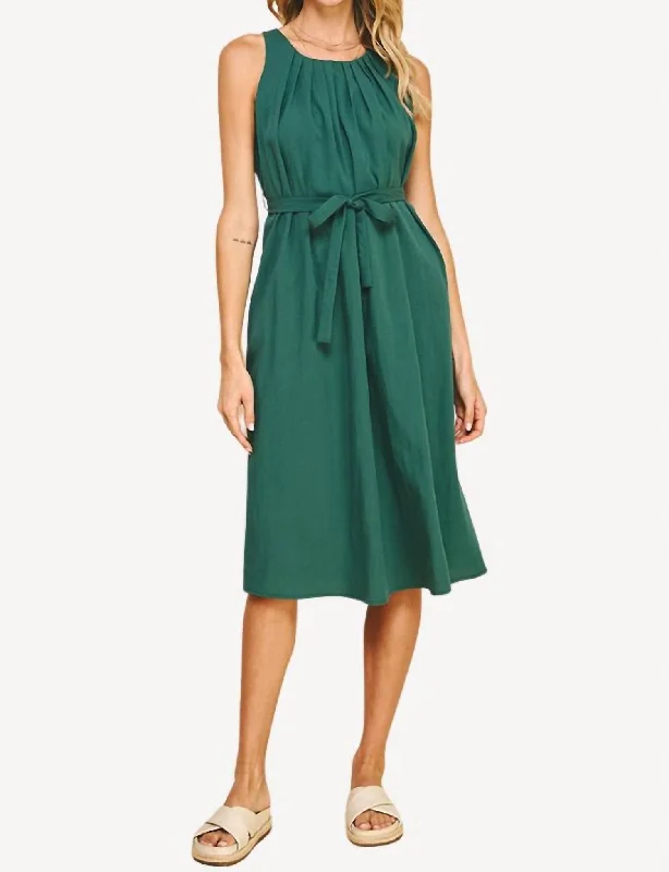 Pleated Midi Dress In Green