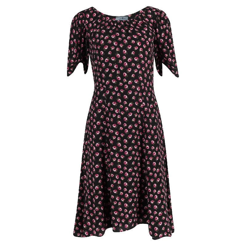 Prada Floral Print Midi Dress in Black Silk