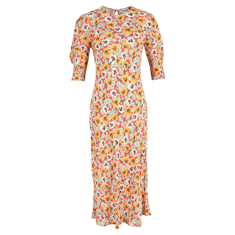 Rixo Jess Midi Dress In Orange Floral-print Crepe De Chine