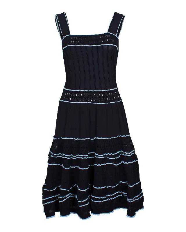 Sandro Square Neck Midi Dress in Navy Blue Polyamide