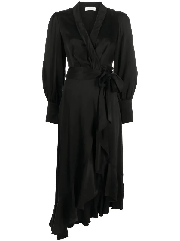 Silk Wrap Midi Dress In Black