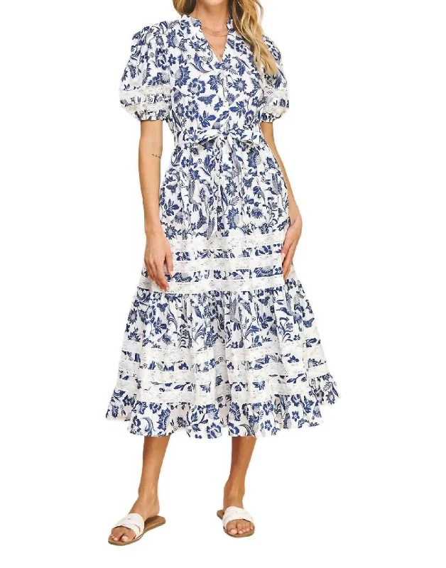 Tiered Midi Dress In Blue/white