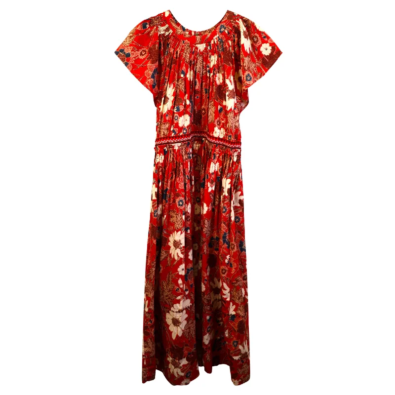 Ulla Johnson Lottie Pleated Floral-Print Midi Dress in Red Cotton