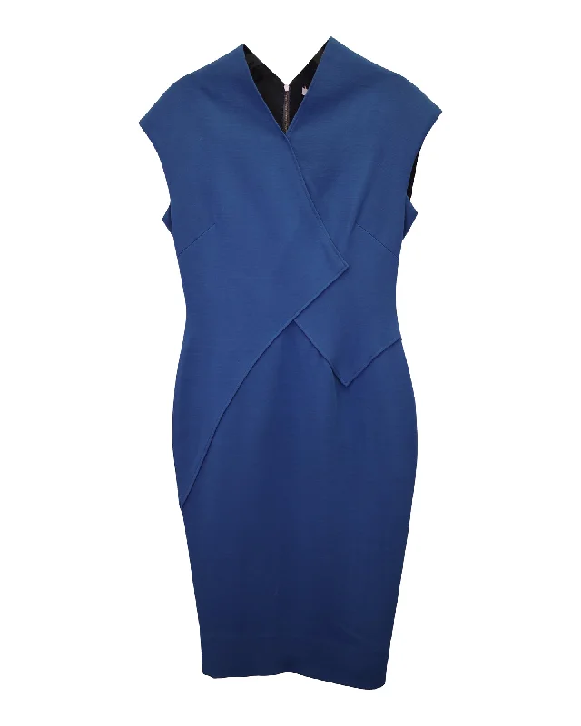 Victoria Beckham Cap Sleeve Midi Dress in Blue Wool