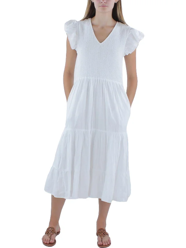 Womens Smocked V-Neck Midi Dress