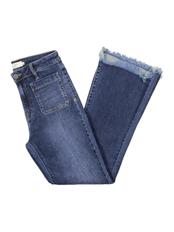 Womens Frayed Mid-Rise Flared Jeans