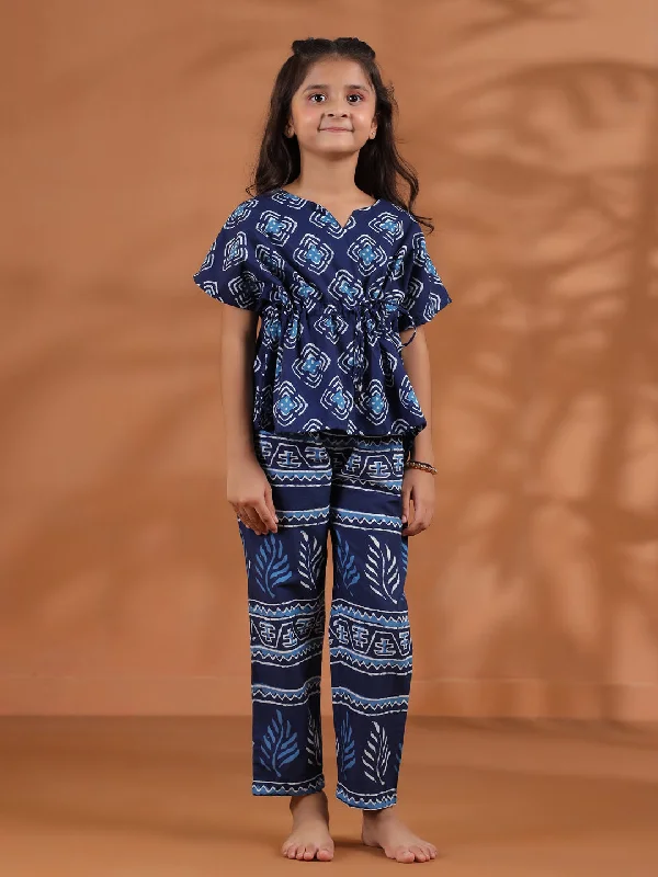 Blue Floral Printed Cotton Night Suit for Kids