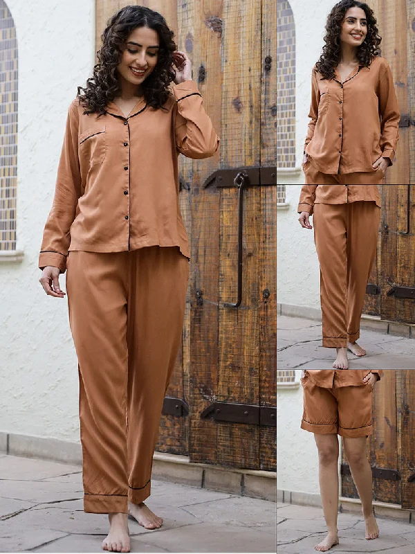 Women Rust Night suit  set 3 piece