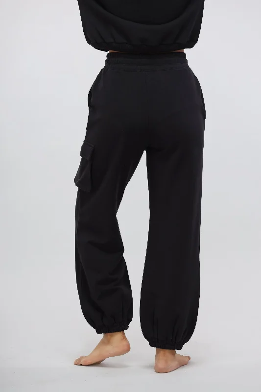 Jet Black Terry Jogger Pants with Patch Pocket