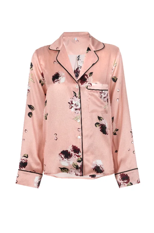 NEW Silk Charmeuse Long Sleeved PJ Top: Blush Floral Print