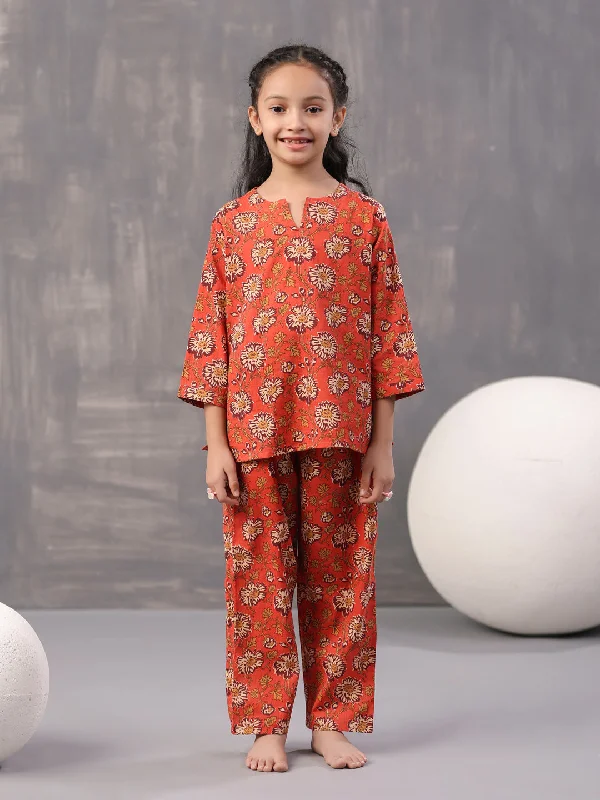 Orange Flower Printed Cotton Kids Night Suits