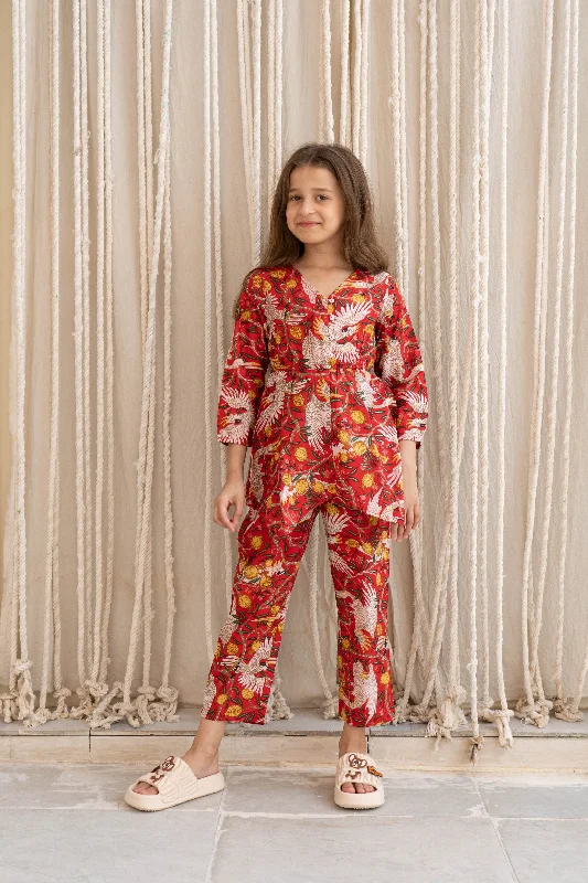 Red Flower Printed Cotton Night Suit for Kids