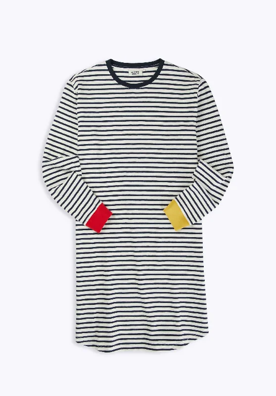 Twyla T-Shirt Dress in White & Navy Striped Jersey Colorblock