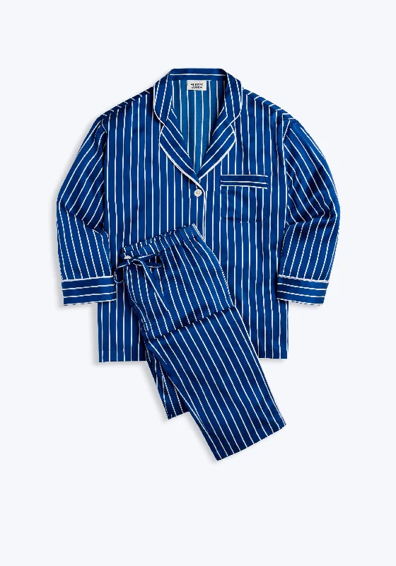 Washable Silk Marina Pajama Set in Blue & White Tie Stripe