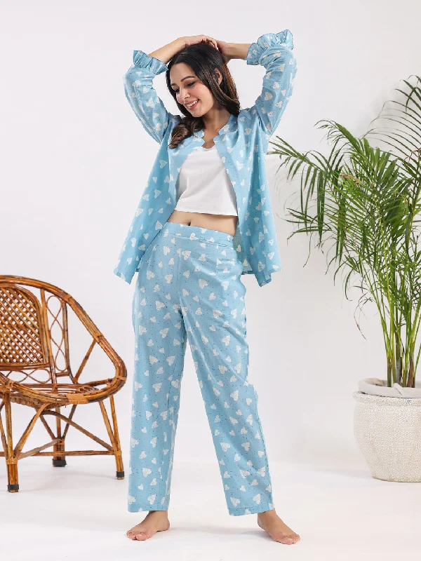 Oasis blue heart Cotton Night SUIT